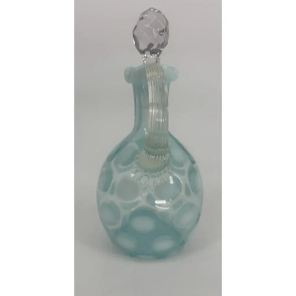 Vintage Fenton Blue Cruet Opalescent Coin Dot Cruet Ruffled Edge W/Stopper 7”